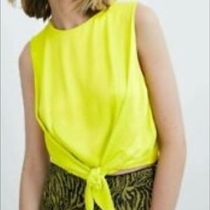 Zara Neon Green Front Tie Satin Crop Top